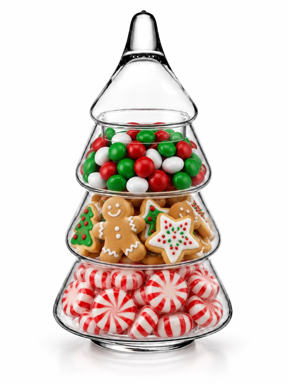 Glass Christmas Tree Candy Dish 3 Tier Stackable Jar with Lid 13.75” Clear